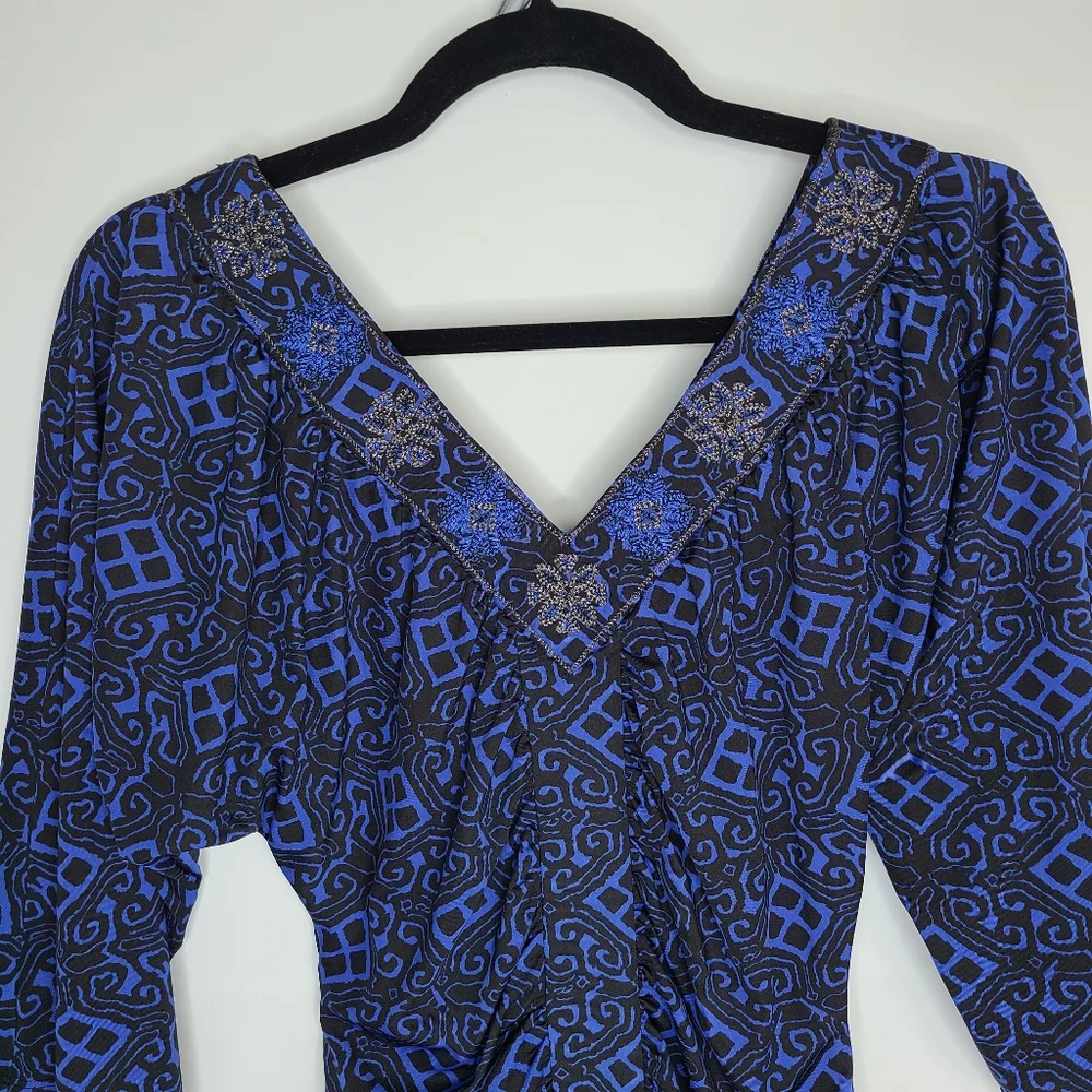 INC Top 3/4 Sleeve V-Neck Stretchy Blue Black Funky Size Small_7